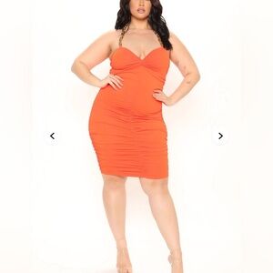 FashionNova Chain Halter Dress Orange Red Bodycon-Baby Come Back mini 1X